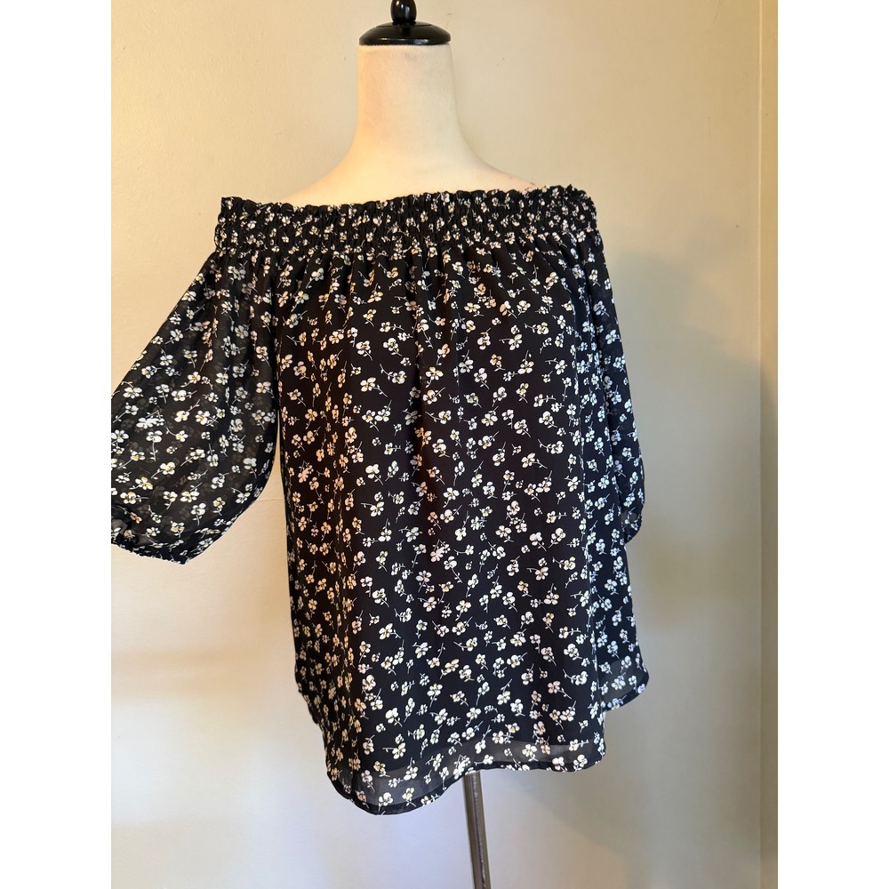 Pleione Black Floral Smocked OffShoulder Blouse topshirt boho cottage Y2K L boho